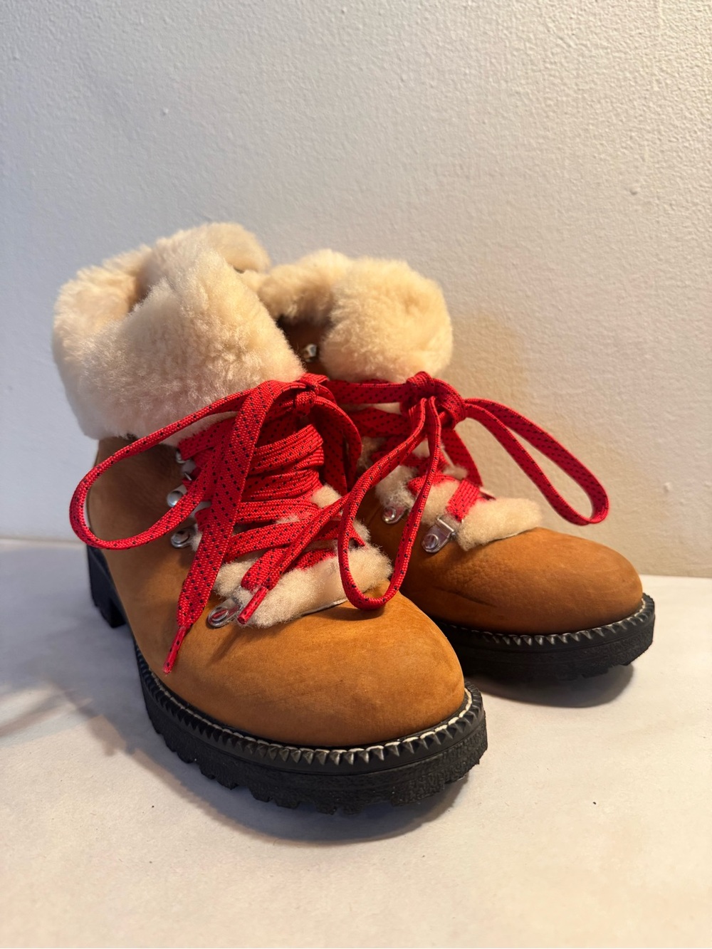 J. Crew Tan Shearling-Trim Winter Boots with Red Laces